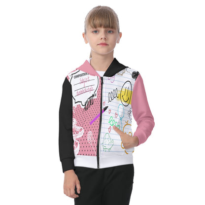 All-Over Print Kid's Zip-up Hoodie With Patch Pocket Back to School, Composition Notebook Style, Doodles, Scribbles, Writing, Girl, Pink (Designed by Dunbi)