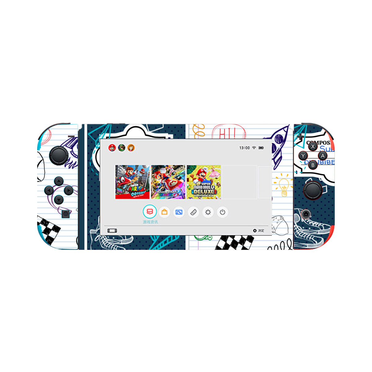 Nintendo Switch Game Console Stickers ｜PVC - Back to School, Composition Notebook Style, Doodles, Scribbles, Writing, Boy, Blue (Designed by Dunbi)