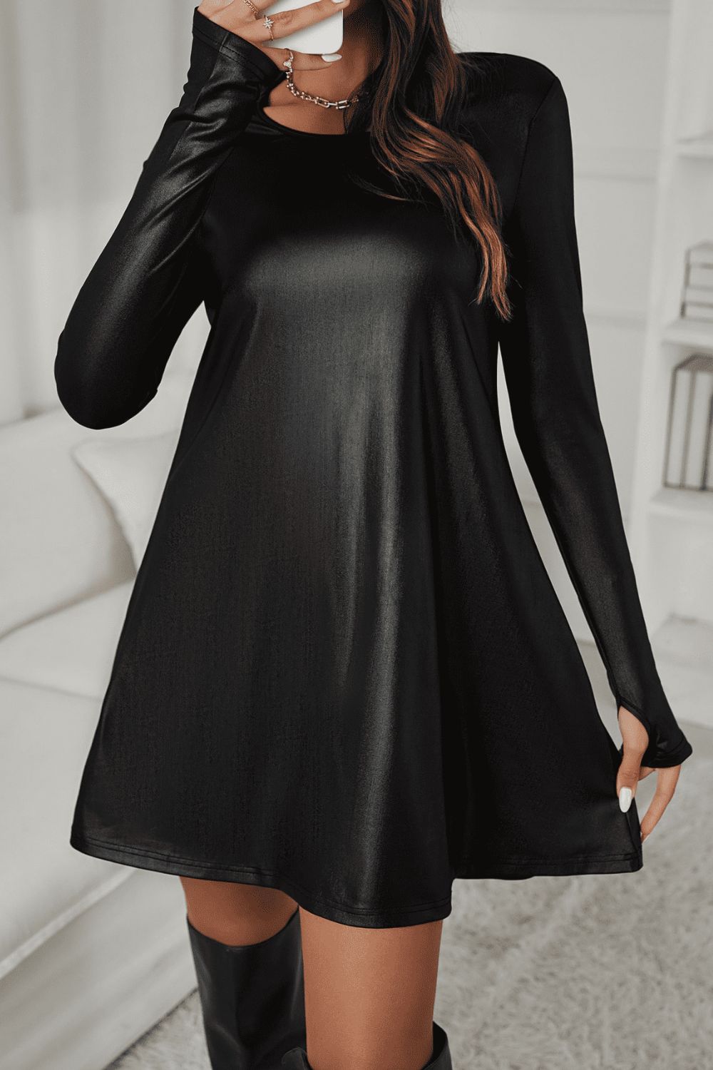 Round Neck Long Sleeve Mini Dress