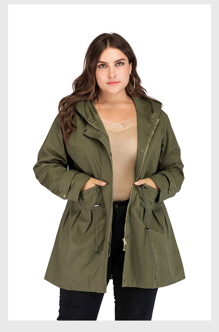 Plus Size Army Green Drawstring Hooded Trench Coat Kiwidrop