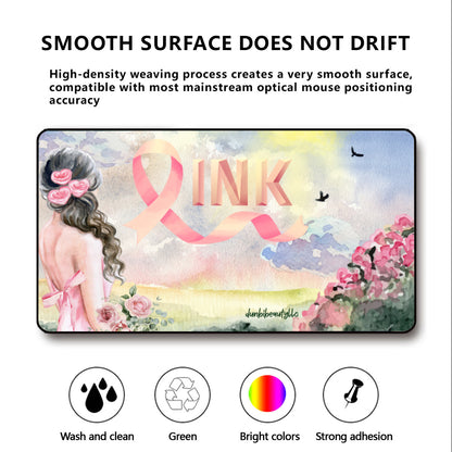 Black Lock Edge Mouse Pad (16×30inch)｜Polyester -Pastel Pink, Breast Cancer Awareness, Open Field, Day, Birds, Flowers, Bows and Ribbons, Watercolor Sunlight (Designed by Dunbi)