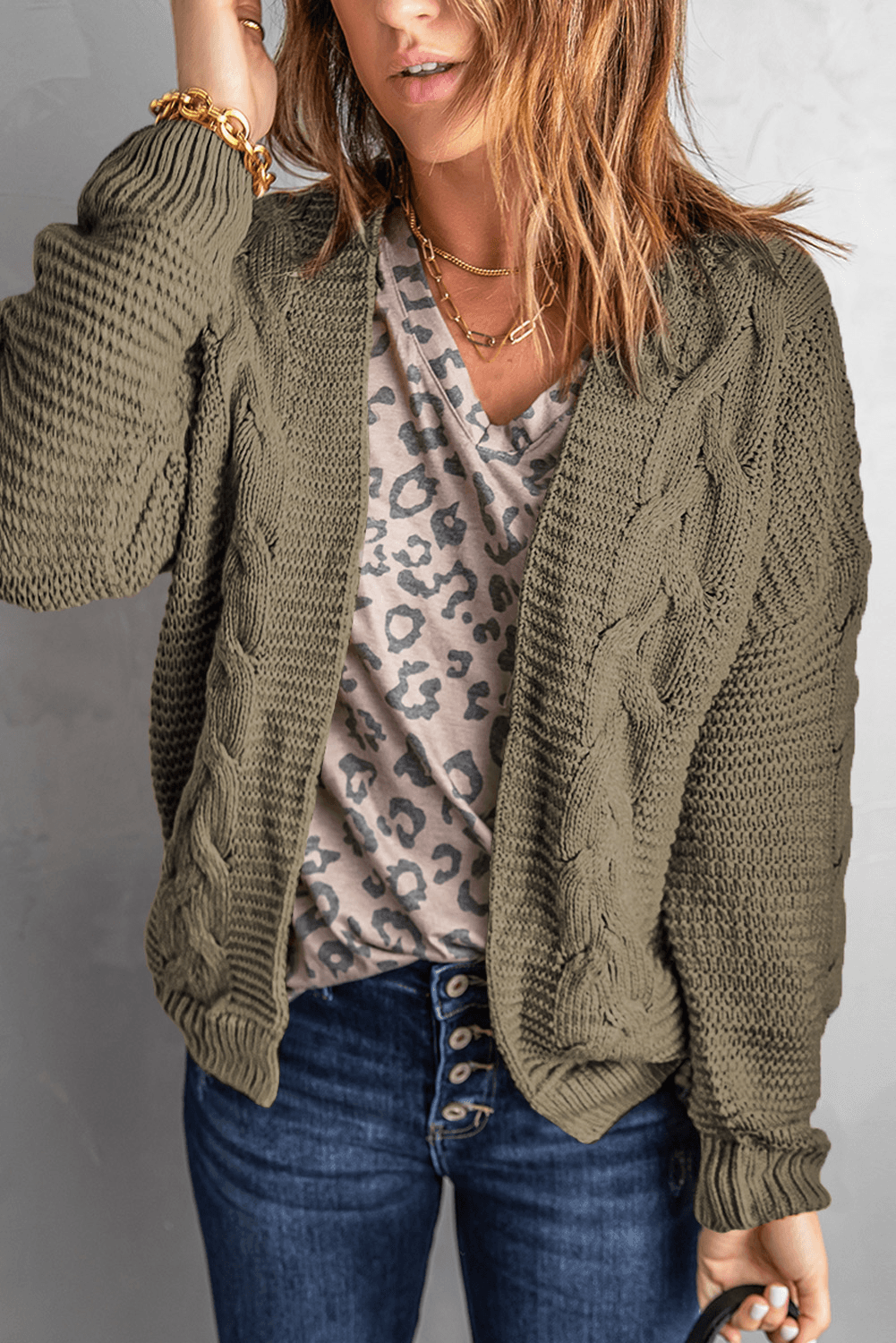 Olive Chunky Wide Long Sleeve Knit Cardigan Kiwidrop