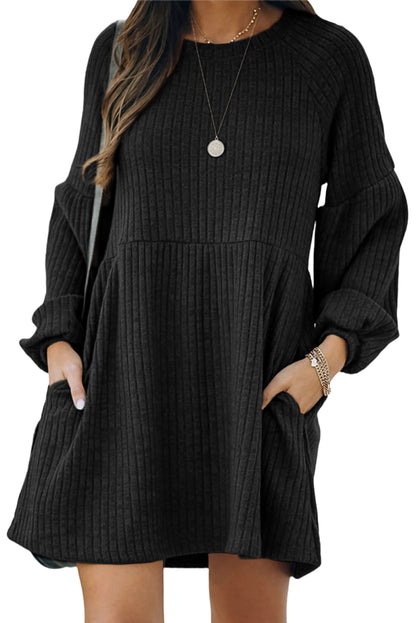 Round Neck Empire Waist Ribbed Knit Dress Kiwidrop