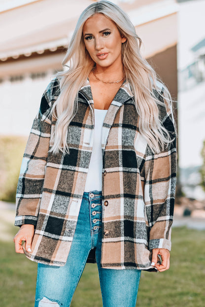 Plaid Print Buttoned Shirt Jacket Kiwidrop