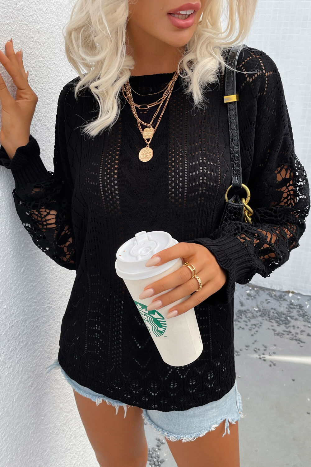 Spliced Lace Crochet Sleeve Sweater Trendsi