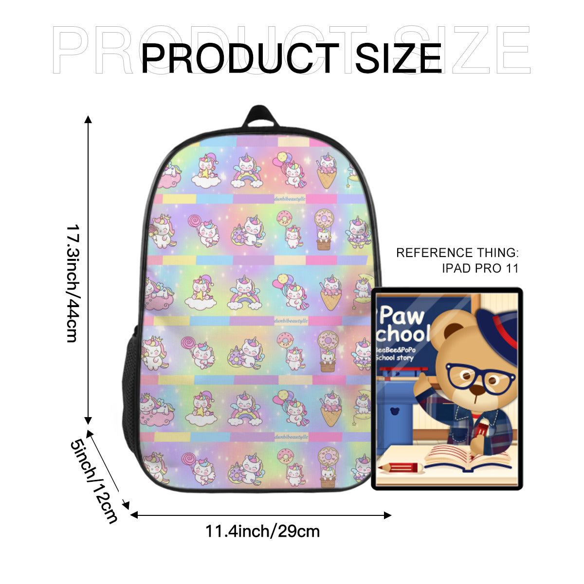 Youth Personalized School Bag (Polyester Boning) + Pen Pouch | Oxford Cloth -Kawaii Unicorn, Pastel Rainbow, Clouds, Pink, Purple, Blue, Yellow, Sleepy Unicorn, Hungry Unicorn, Moon, Candy, Donuts, Ice Cream (Designed by Dunbi)