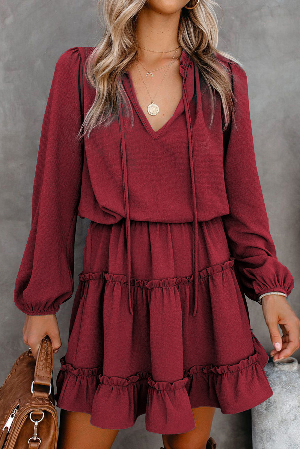 V Neck Long Sleeve Ruffle Tiered Mini Dress Kiwidrop