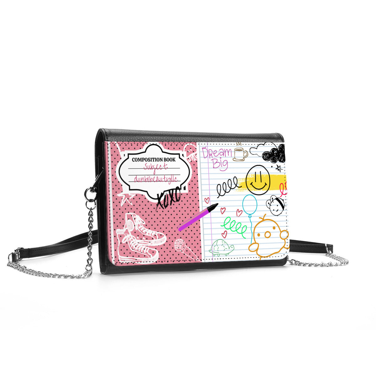 Women's Multifunctional Satchel｜ PU - Back to School, Composition Notebook Style, Doodles, Scribbles, Writing, Girl, Pink (Designed by Dunbi)