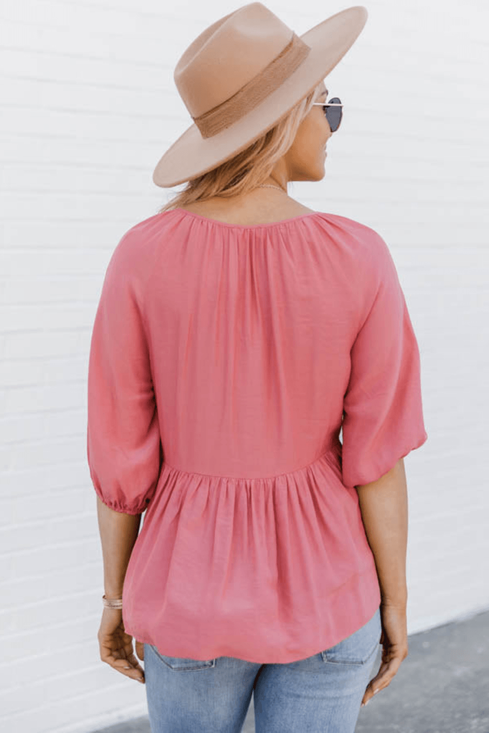 Pink Ruffled Half Sleeve V Neck Babydoll Top Kiwidrop