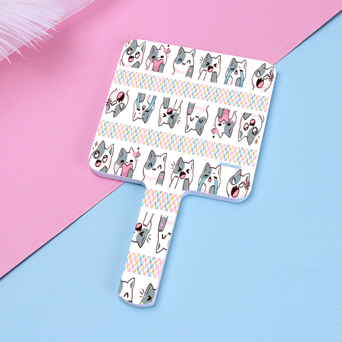 Handle Square Mirror｜Rubber -Kawaii Cat, Anime Style, Cartoon, Emotions, Happy, Sad, Angry, Laughing, White Background (Designed by Dunbi)