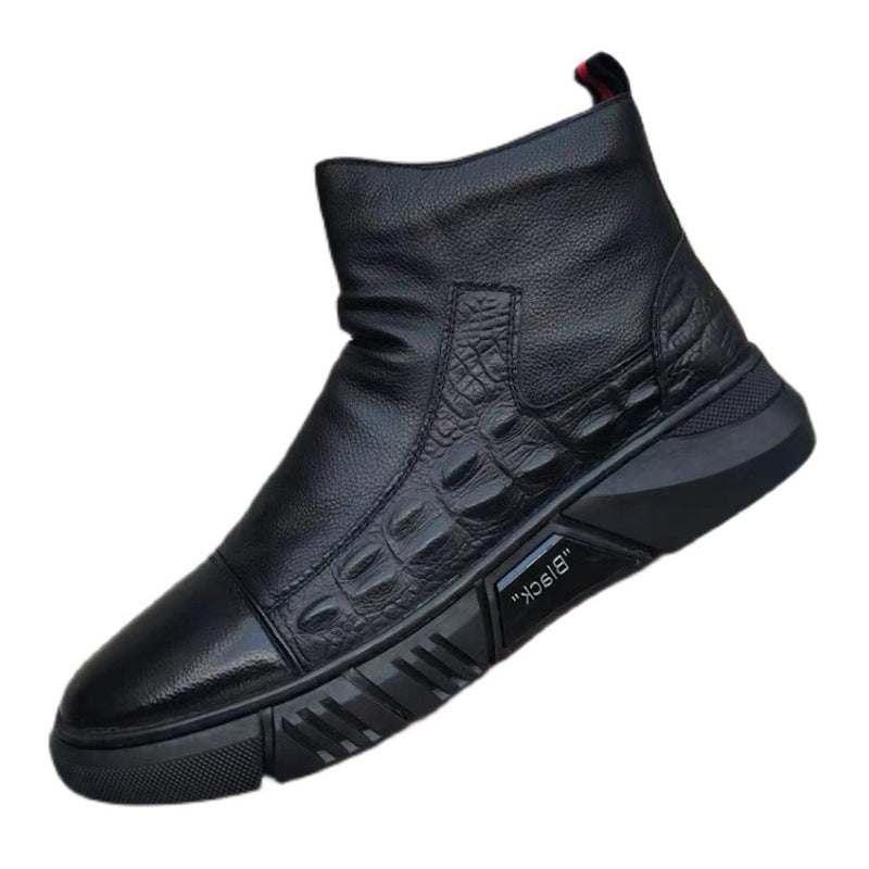 Winter Fleece High-top Cowhide Casual Men's Zipper Leather Shoes