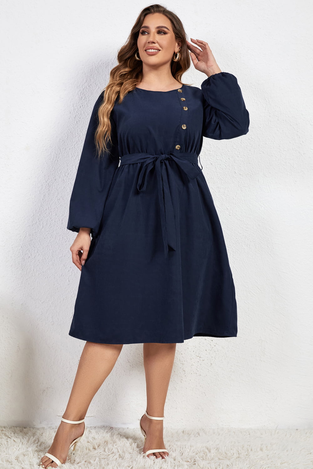 Plus Size Buttoned Tie Belt Round Neck Long Sleeve Dress