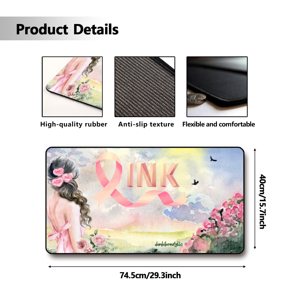 Black Lock Edge Mouse Pad (16×30inch)｜Polyester -Pastel Pink, Breast Cancer Awareness, Open Field, Day, Birds, Flowers, Bows and Ribbons, Watercolor Sunlight (Designed by Dunbi)