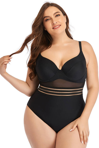 Plus Size Spliced Mesh Tie-Back One-Piece Swimsuit Trendsi