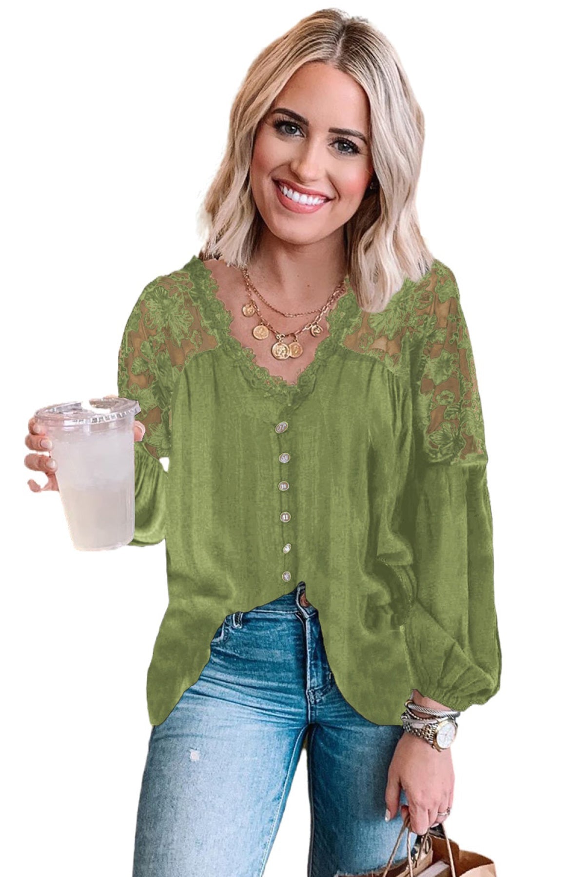 V Neckline Lace Shoulder Patchwork Blouse Kiwidrop