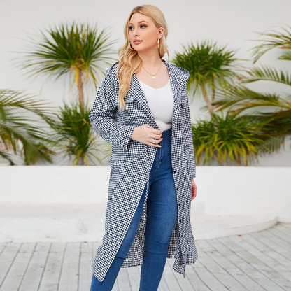 Plus Size Plaid Belted Hooded Long Coat Kiwidrop