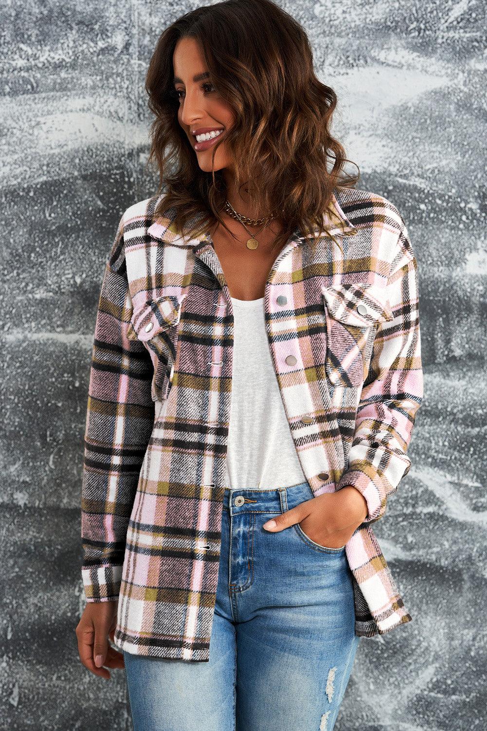 Plaid Button Front Shirt Jacket with Breast Pockets Trendsi