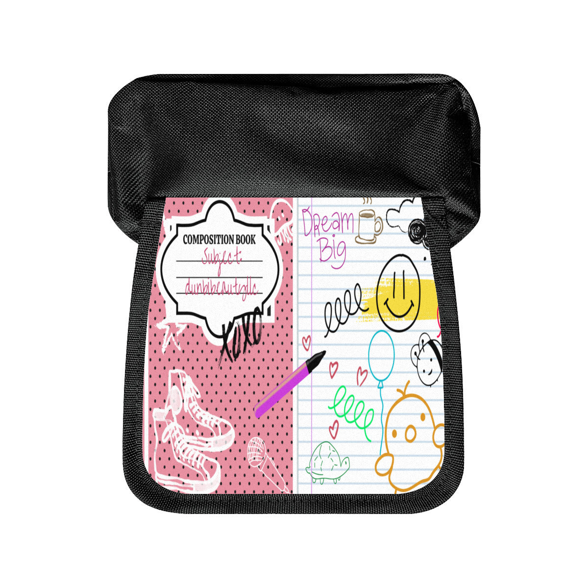 Double Flap Pencil Case｜Oxford Fabric -Back to School, Composition Notebook Style, Doodles, Scribbles, Writing, Girl, Pink (Designed by Dunbi)