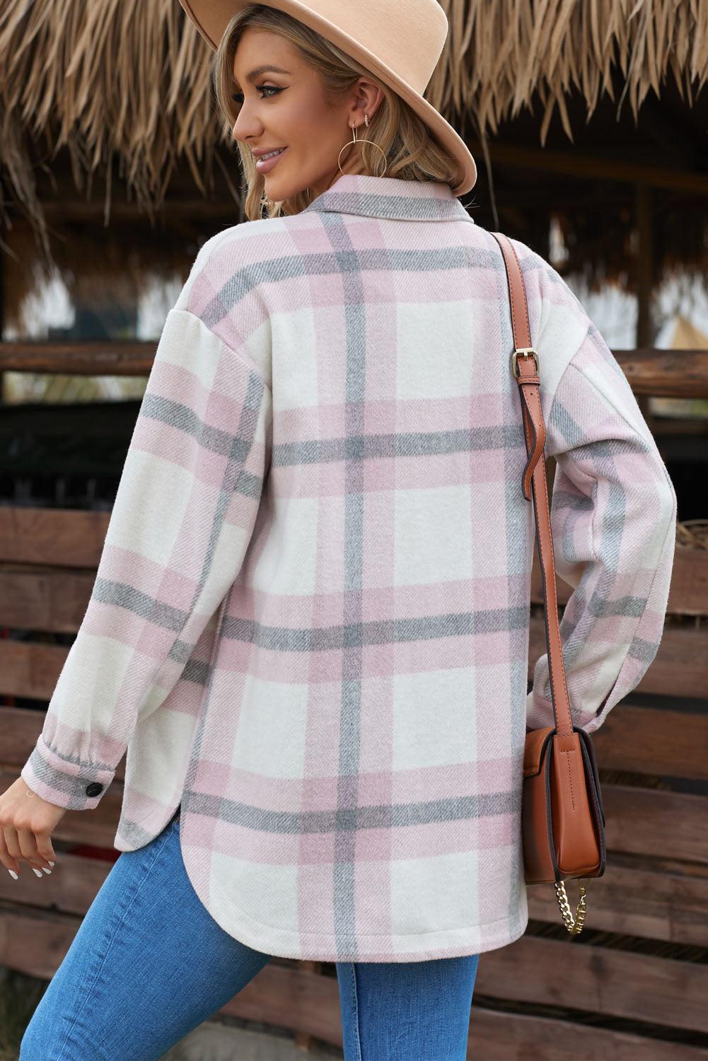 Plaid Dropped Shoulder Pocket Shacket Trendsi