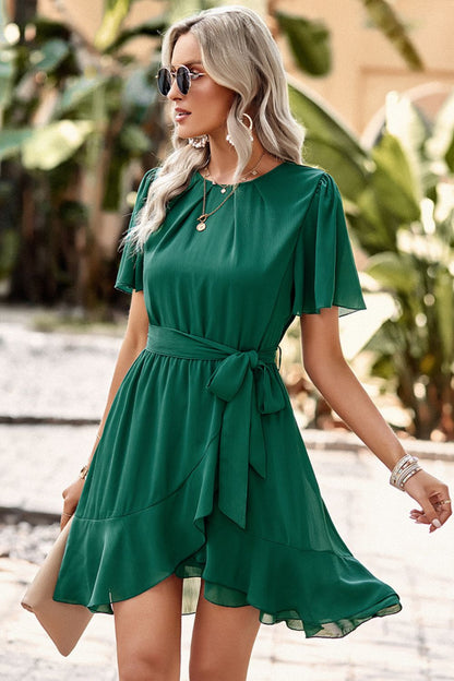 Round Neck Flutter Sleeve Belted Dress