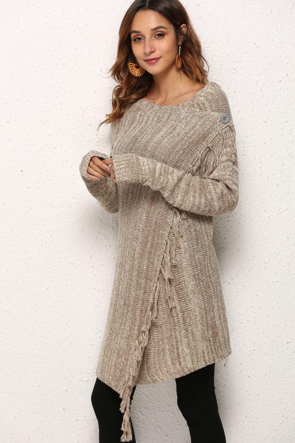 One-Button Tassel Tie Asymmetrical Hem Cardigan Trendsi