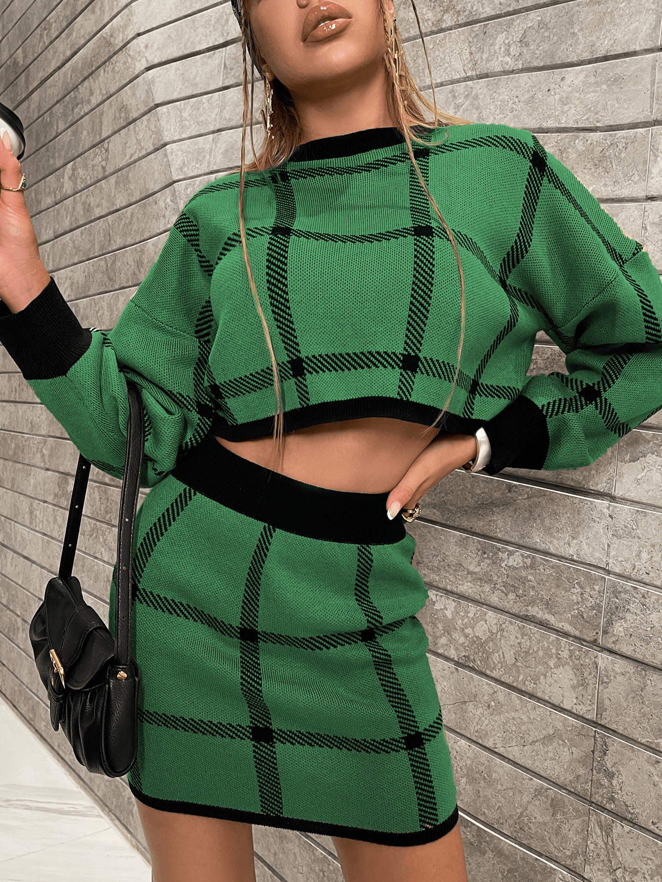 Plaid Crop Sweater & Knit Skirt Set Kiwidrop