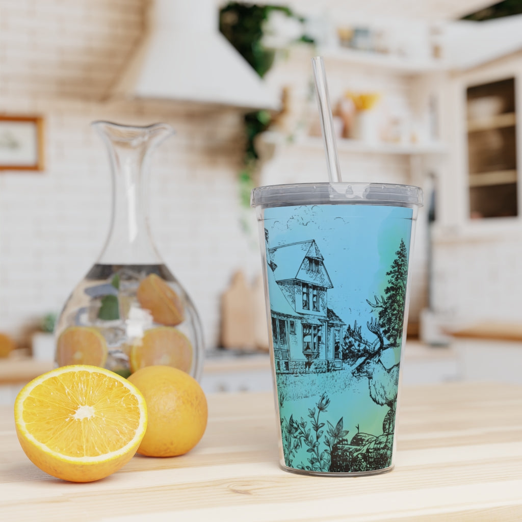 There's a Deer in the Garden Plastic Tumbler with Straw Printify