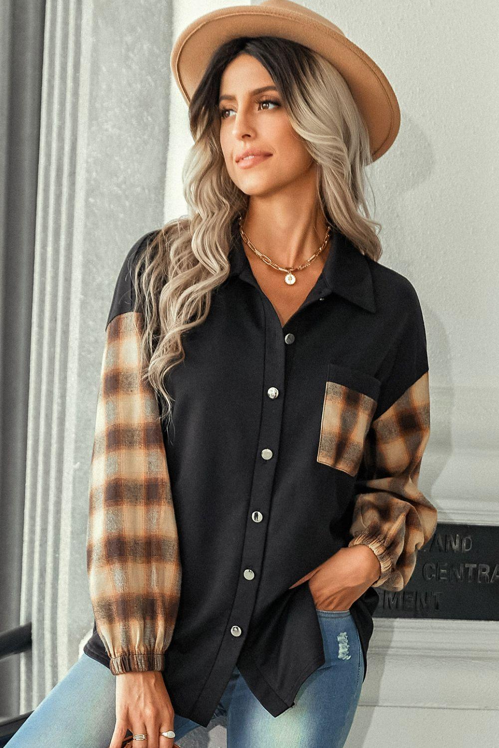 Plaid Dropped Shoulder Shirt with Breast Pocket Trendsi