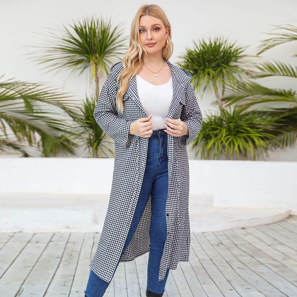 Plus Size Plaid Belted Hooded Long Coat Kiwidrop