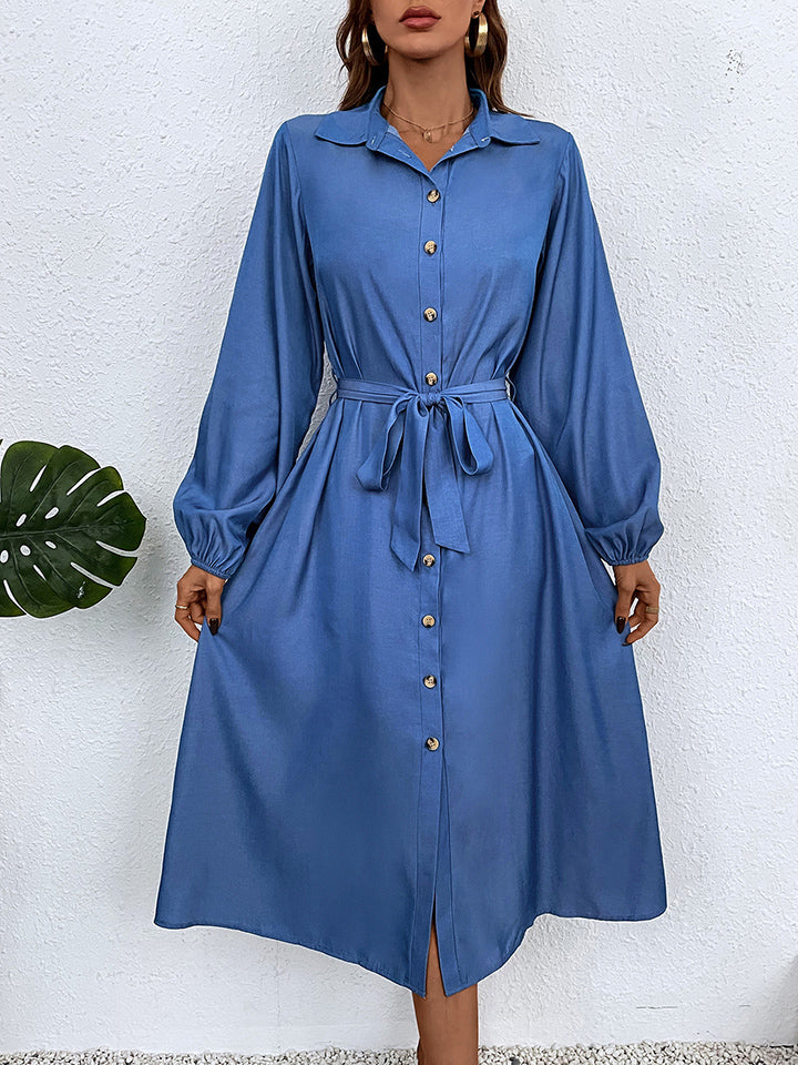 Button-Down Tie Waist Collared Neck Dress