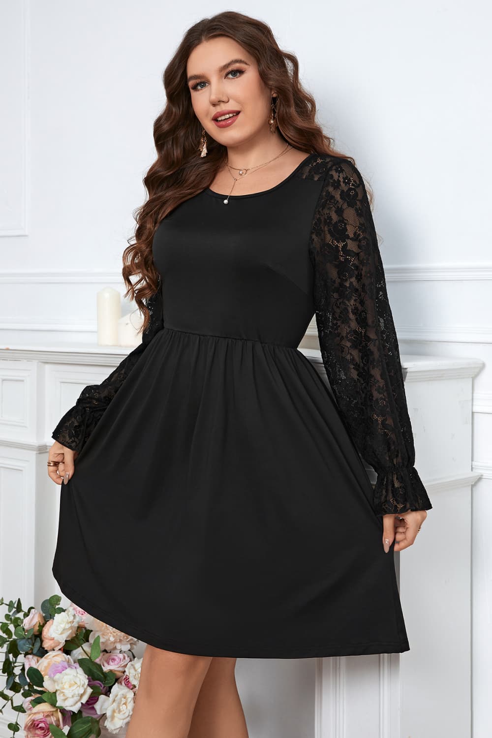 Plus Size Lace Trim Round Neck Flounce Sleeve Dress