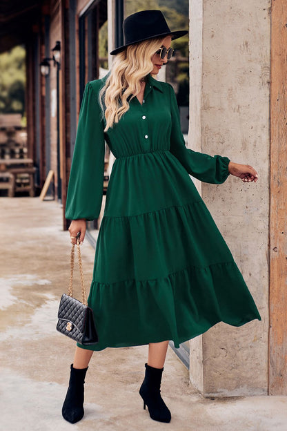 Collared Neck Long Sleeve Midi Dress