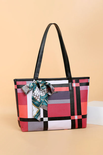 Color Block Tie Detail PU Leather Tote Bag