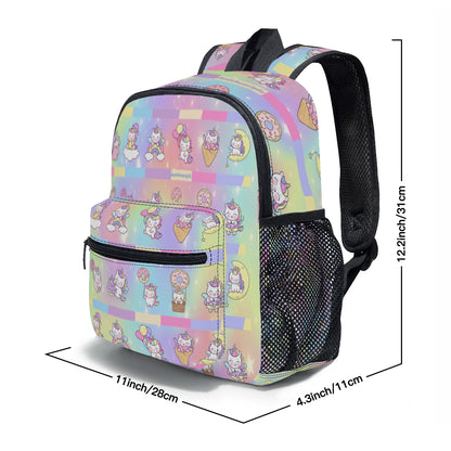 Student Schoolbag (Multi-sided design) | Polyester -Kawaii Unicorn, Pastel Rainbow, Clouds, Pink, Purple, Blue, Yellow, Sleepy Unicorn, Hungry Unicorn, Moon, Candy, Donuts, Ice Cream (Designed by Dunbi)