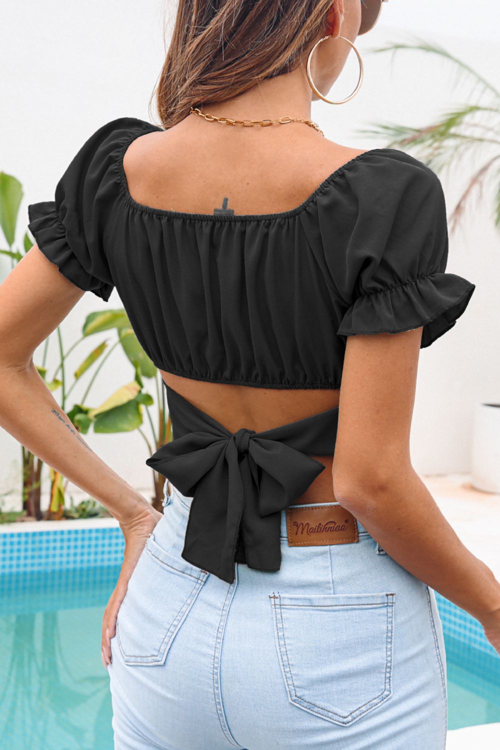 Ruched Square Neck Tie Back Cropped Top Trendsi