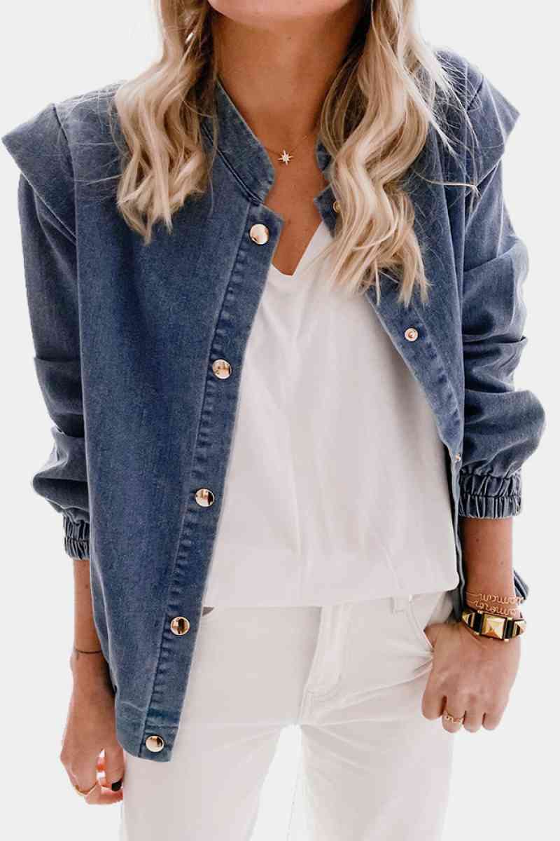 Shoulder Detail Denim Button Down Shirt Trendsi