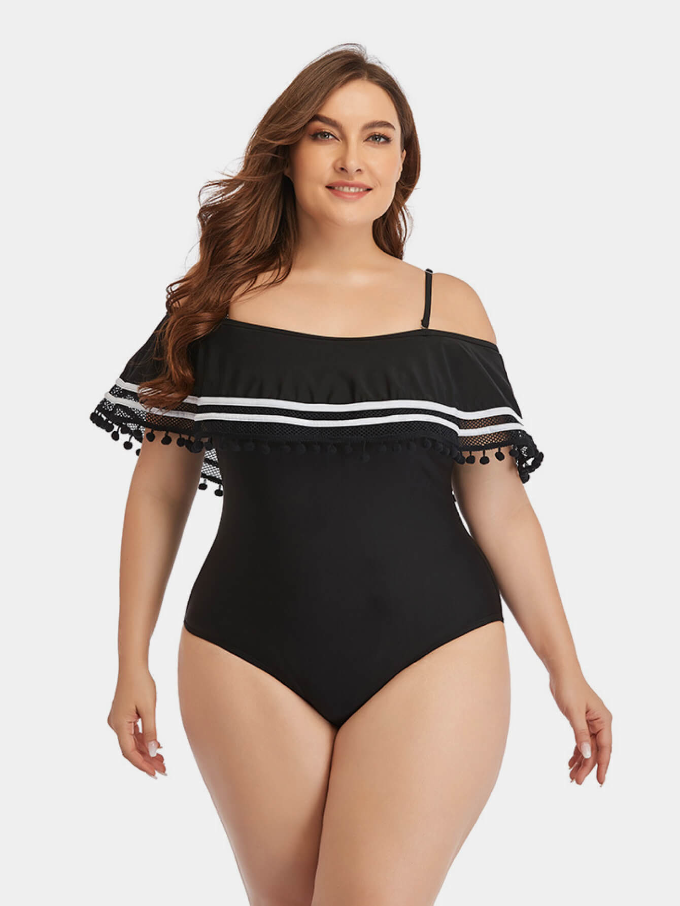 Plus Size Striped Cold-Shoulder One-Piece Swimsuit Trendsi