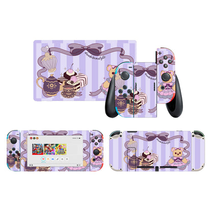 Nintendo Switch Game Console Stickers ｜PVC -Cute Teddy Bear, Tea Party, Ribbon, Bows, Cakes, Cute, Victorian, Doll, Cute Girl, Purple Style 1, Stripes (Designed by Dunbi)