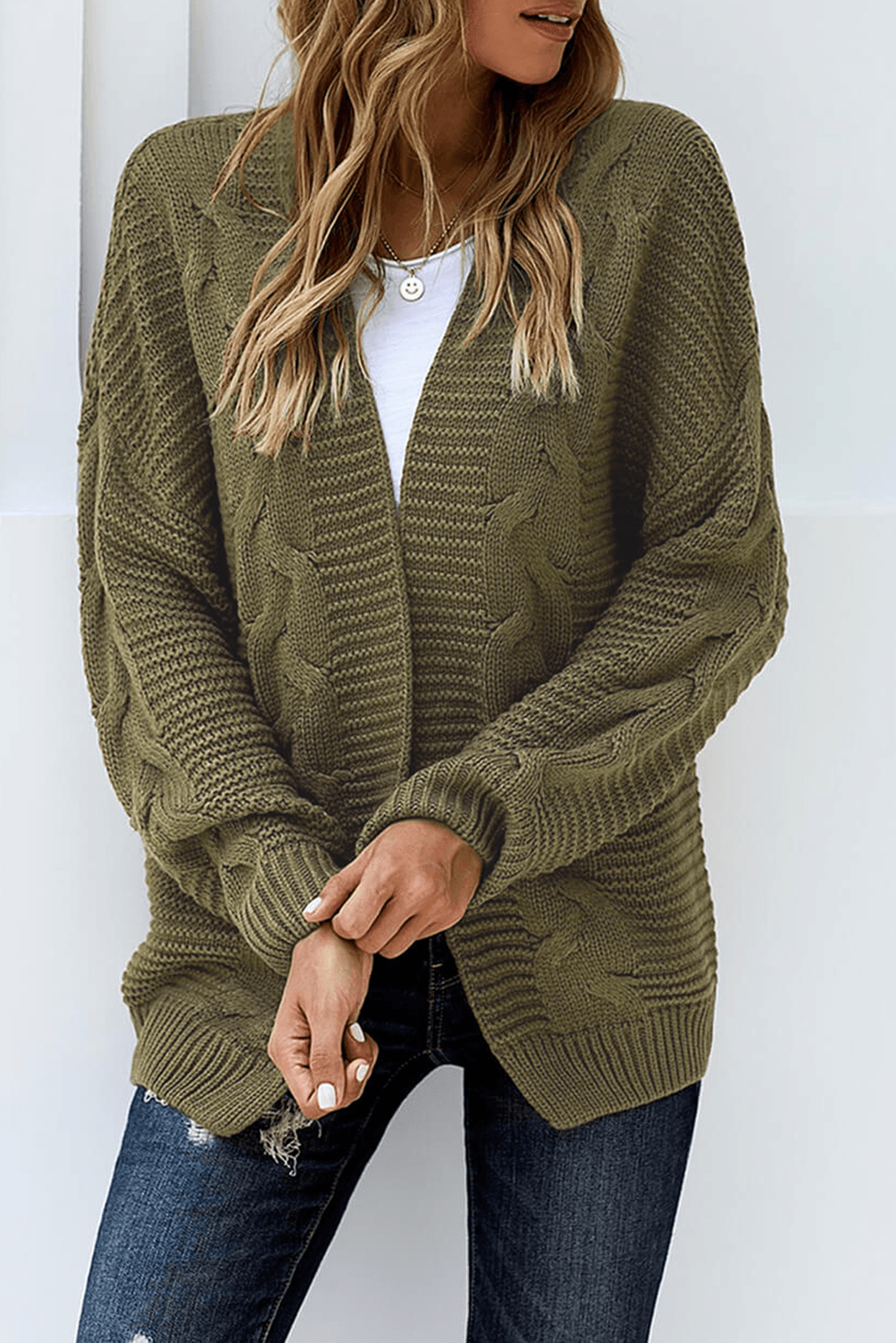 Olive Chunky Wide Long Sleeve Knit Cardigan Kiwidrop