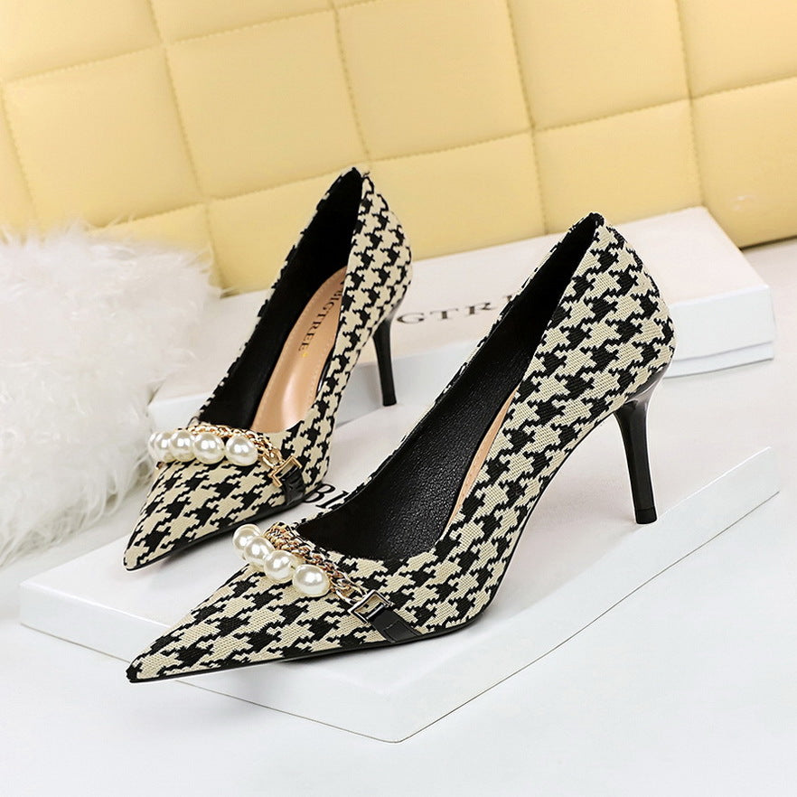 Shallow Mouth Pointed Pearl Chain Plaid Women's Single Shoes