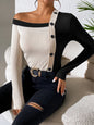 Asymmetrical One Shoulder Contrast Color Buttoned Blouse