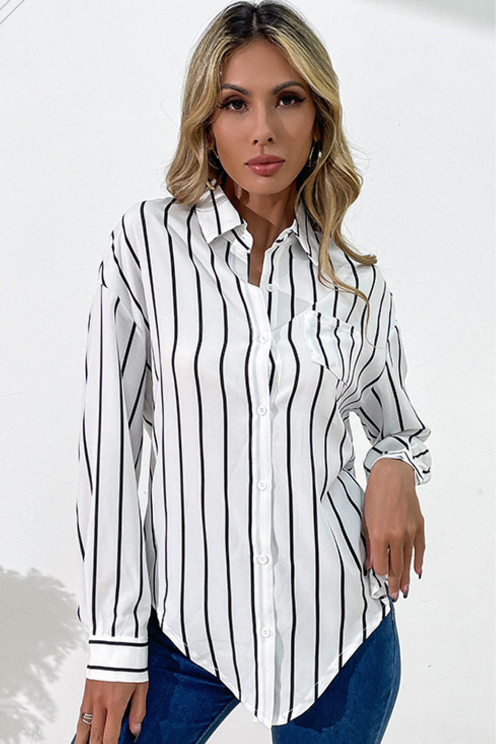 Vertical Stripes Button Down Shirt Trendsi