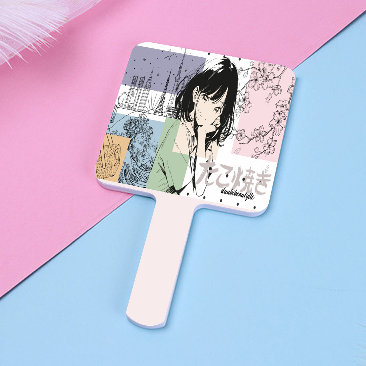 Handle Square Mirror｜Rubber -Japanese, Japan, Girl, Kawaii, Cute, Anime, Manga Style, Peace, Sushi, Tokyo, Cherry Blossoms (Designed by Dunbi)