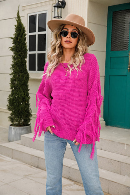 Ribbed Round Neck Fringe Detail Sweater