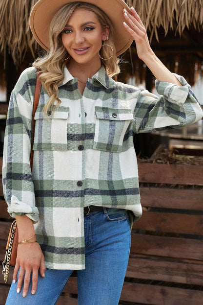 Plaid Dropped Shoulder Pocket Shacket Trendsi