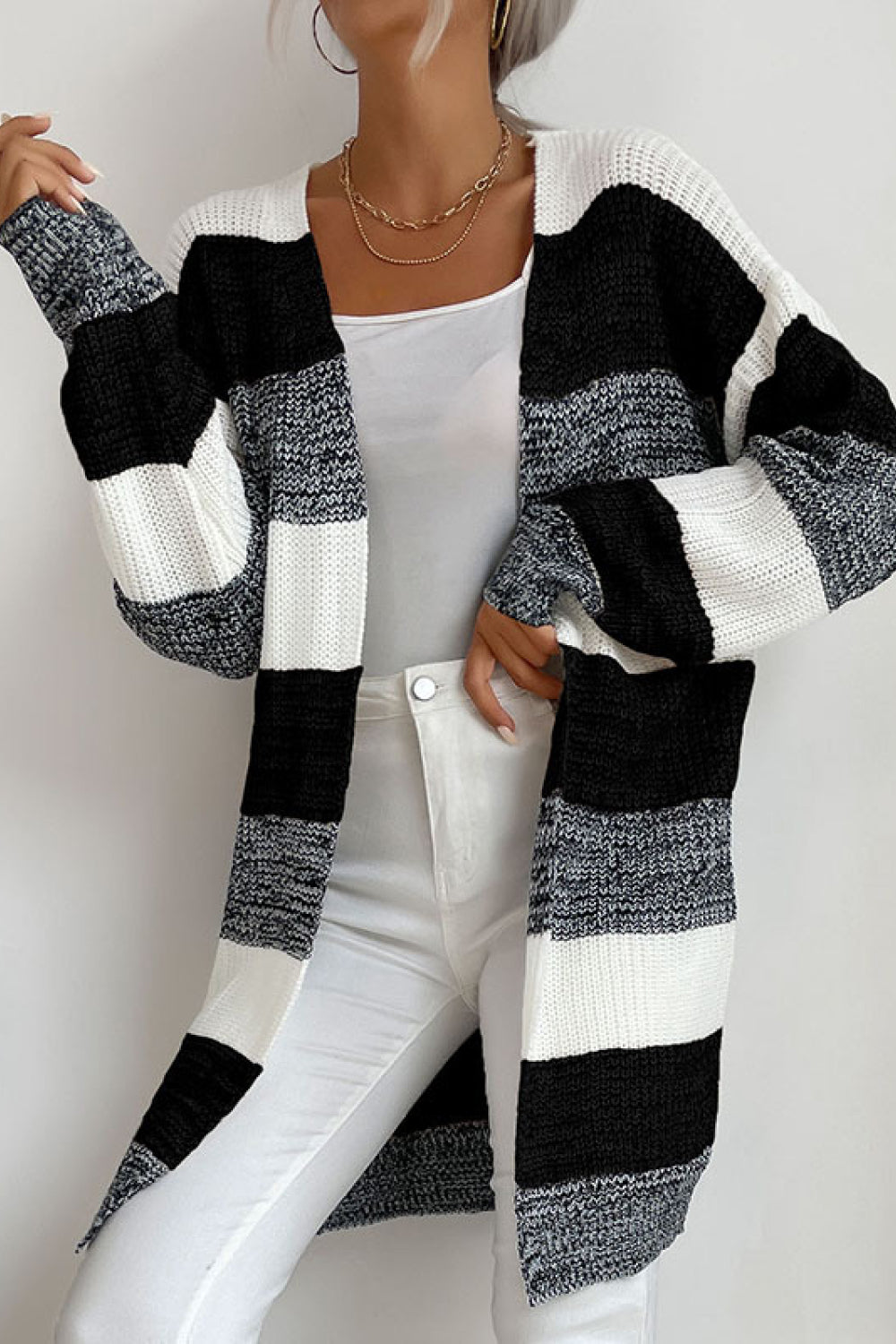 Striped Long Sleeve Duster Cardigan Trendsi