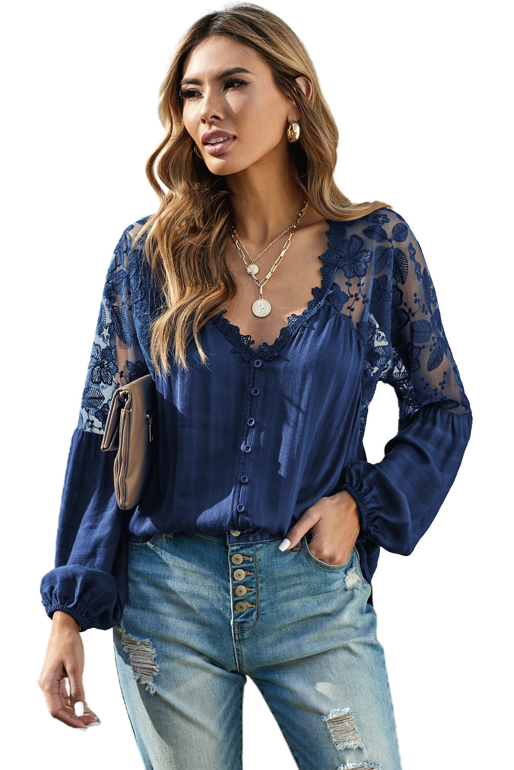 V Neckline Lace Shoulder Patchwork Blouse Kiwidrop