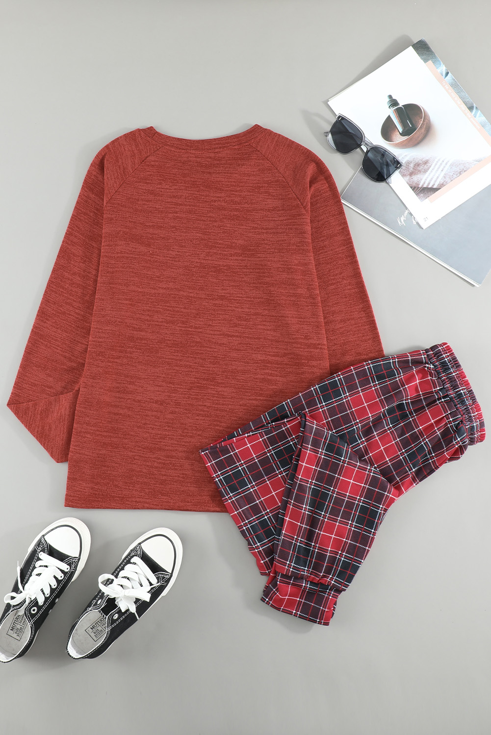 Solid Long Sleeve Top And Plaid Pants Loungewear Kiwidrop