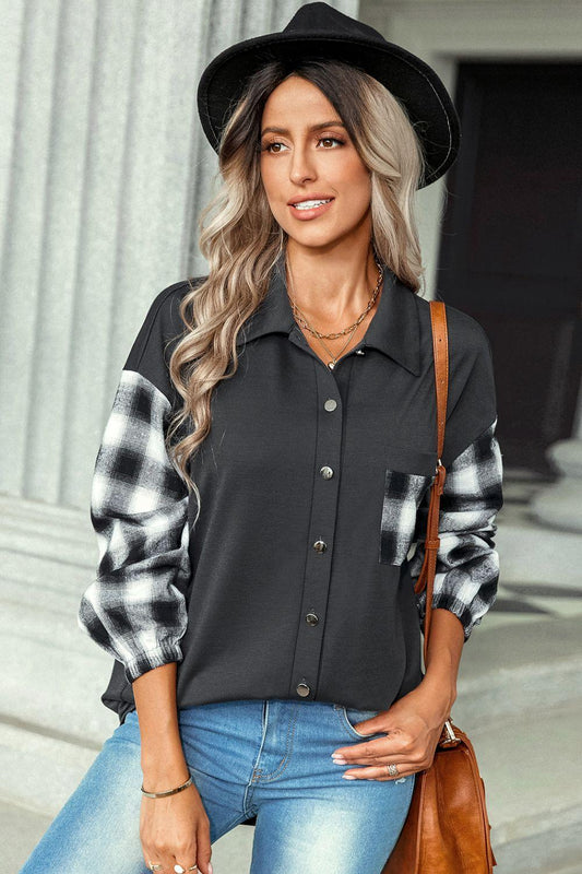 Plaid Dropped Shoulder Shirt with Breast Pocket Trendsi