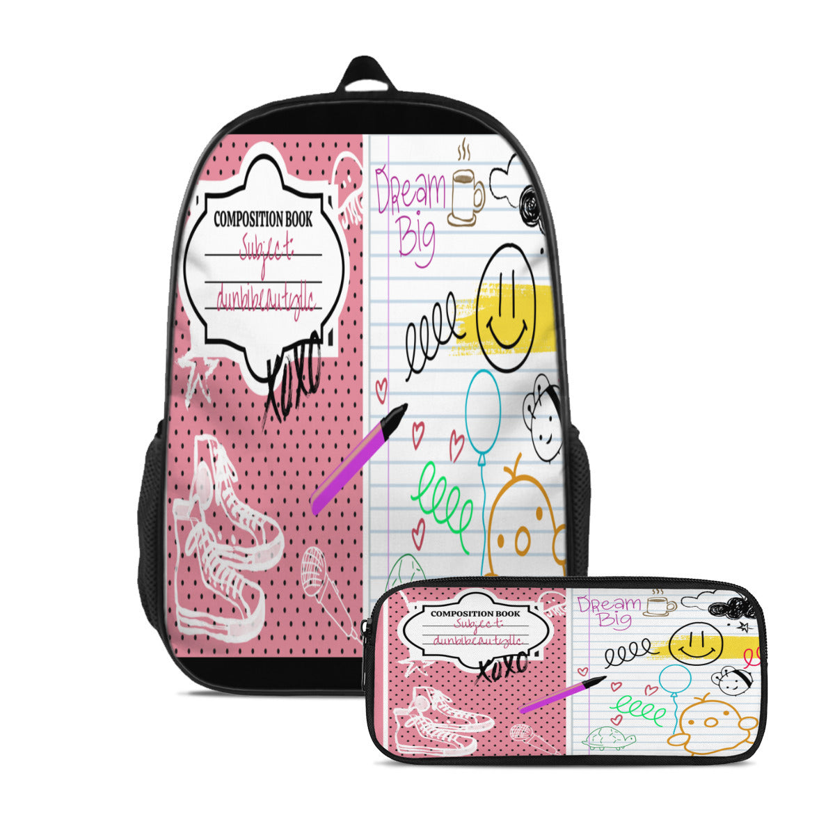 Youth Personalized School Bag (Polyester Boning) + Pen Pouch | Oxford Cloth -Back to School, Composition Notebook Style, Doodles, Scribbles, Writing, Girl, Pink (Designed by Dunbi)